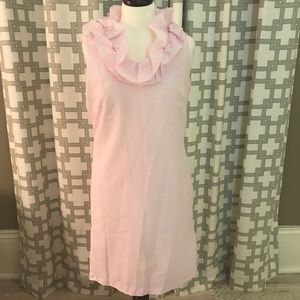 Pink Seersucker ruffle neck shift dress